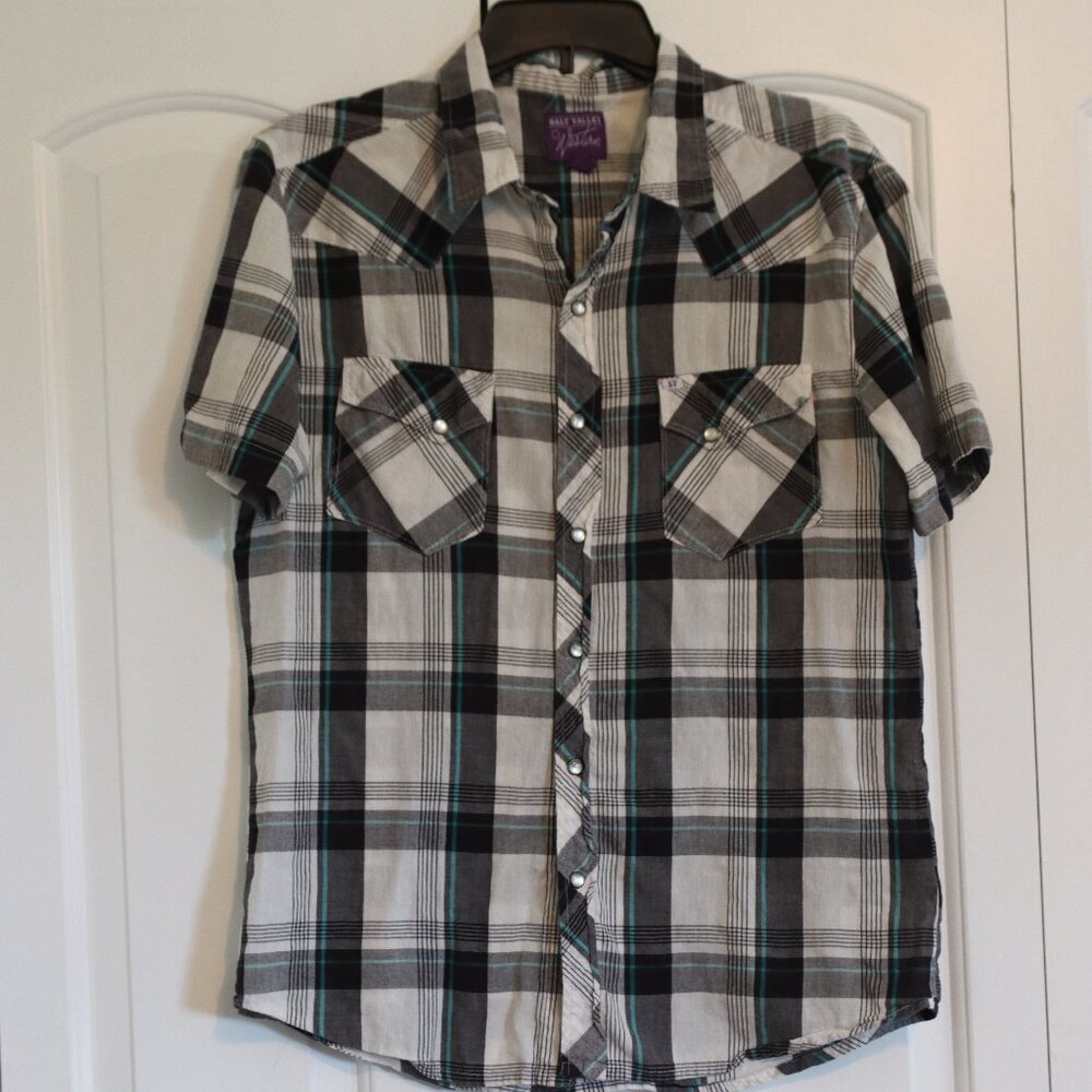 Salt Valley Western Pearled Snap Front Plaid Short Sleeve Casual Shirt Large
